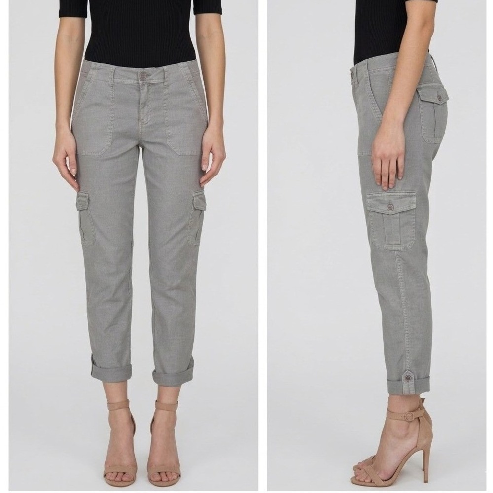 Level 99 Anthropologie Stacey Cargo Pants Lyocell Linen Roll Tab Gray Utility 26